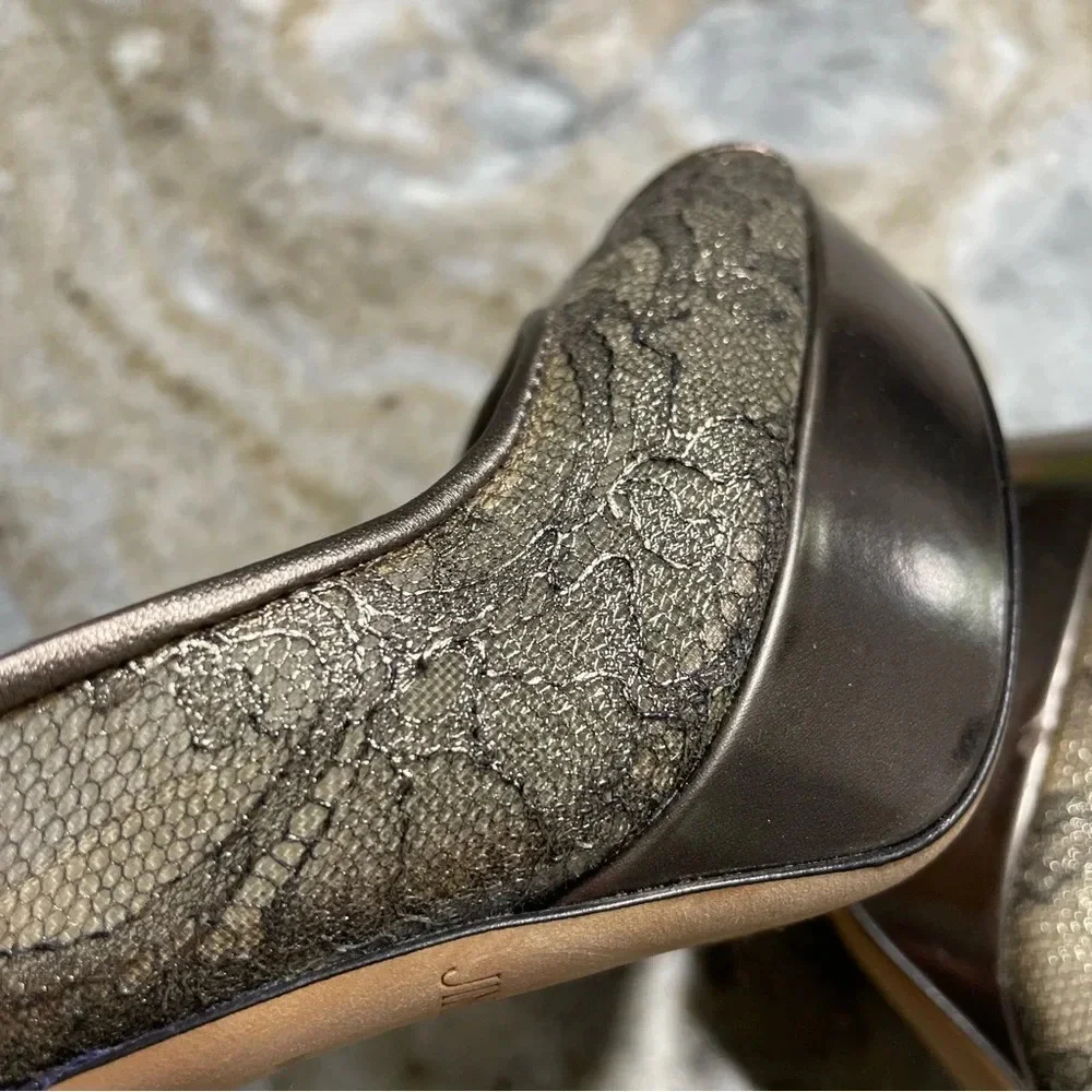 Jimmy Choo Metallic Brown Lace Dahlia Peep Toe Pumps Size 37